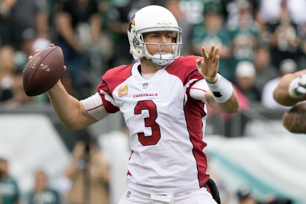 Oct 8, 2017; Philadelphia, PA, USA; Arizona Cardinals quarterback Carson Palmer (3) passes against the Philadelphia Eagles during the first quarter at Lincoln Financial Field.