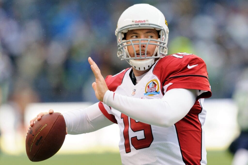 Dec 9, 2012; Seattle, WA, USA; Arizona Cardinals quarterback John Skelton (19) warms up prior to the game against the Seattle Seahawks at CenturyLink Field.