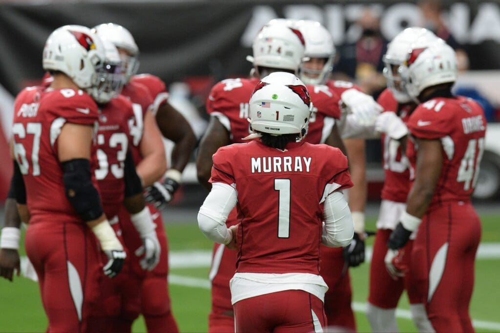 Sep 20, 2020; Glendale, Arizona, USA; Arizona Cardinals quarterback Kyler Murray (1) against the Washington Football Team at State Farm Stadium