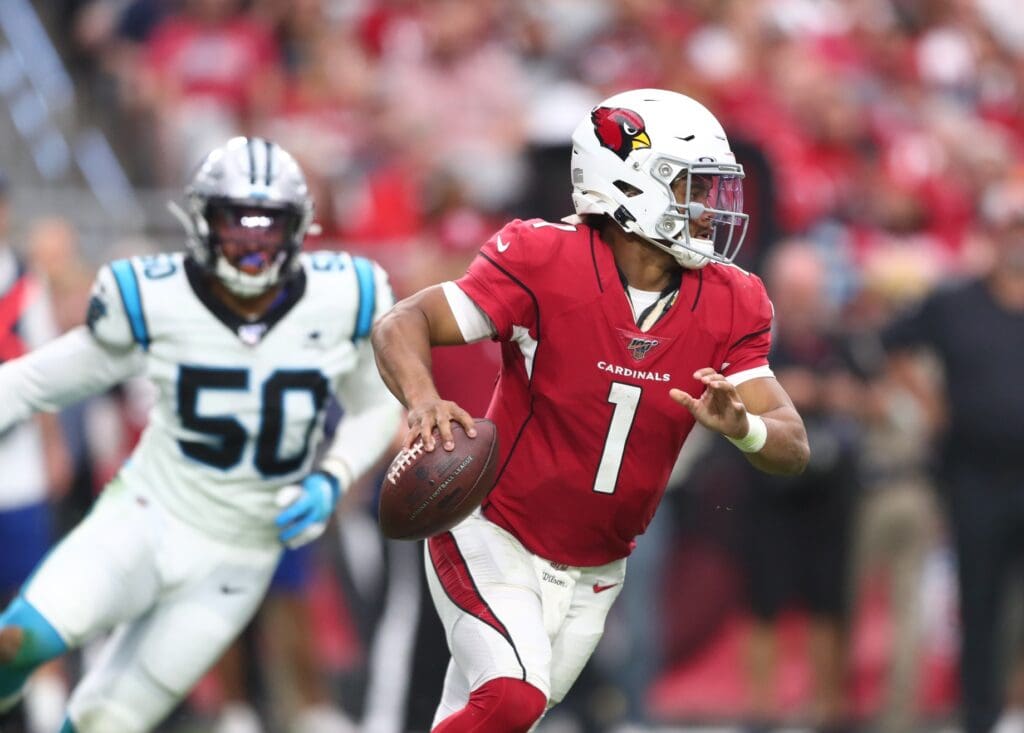 Sep 22, 2019; Glendale, AZ, USA; Arizona Cardinals quarterback Kyler Murray (1) against the Carolina Panthers at State Farm Stadium.
