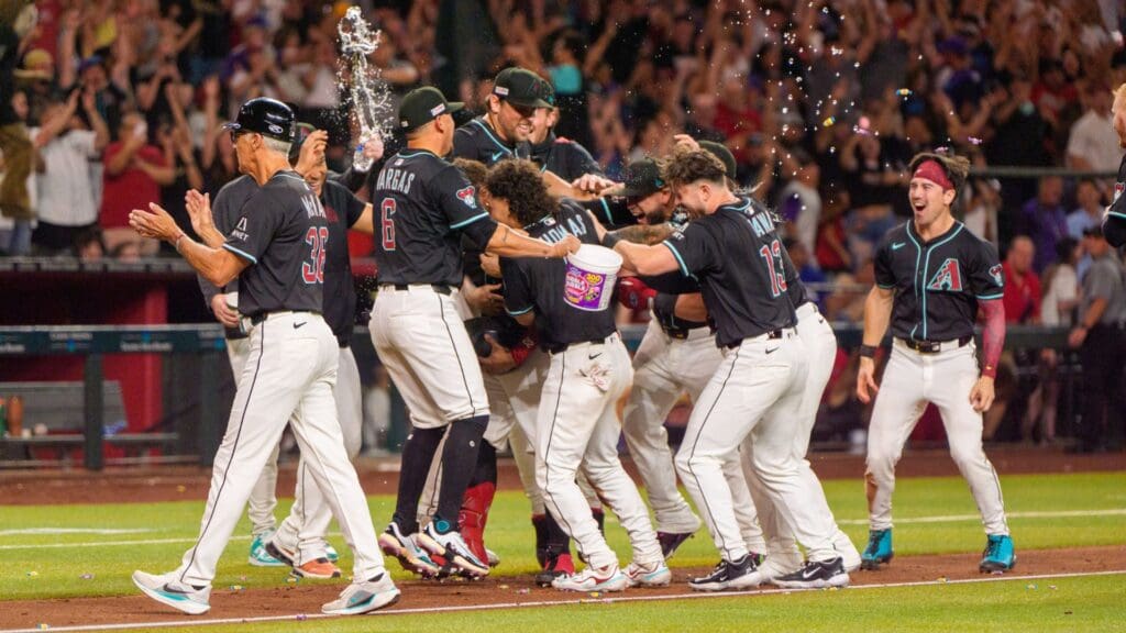 Jun 14, 2025; Phoenix, Arizona, USA; A general view as the Arizona Diamondbacks team celebrates a ninth inning come back to beat the San Diego Padres 8-7 at Chase Field.