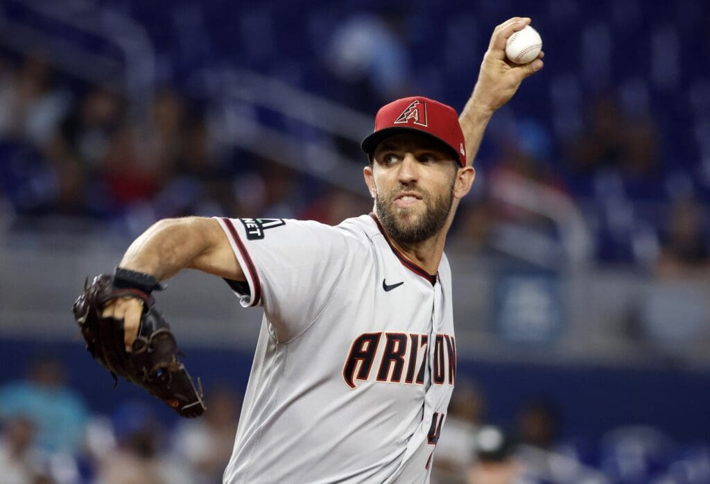 Apr 14, 2023; Miami, Florida, USA; Arizona Diamondbacks starting pitcher Madison Bumgarner (40) pitches against the Miami Marlins during the first inning at loanDepot Park.