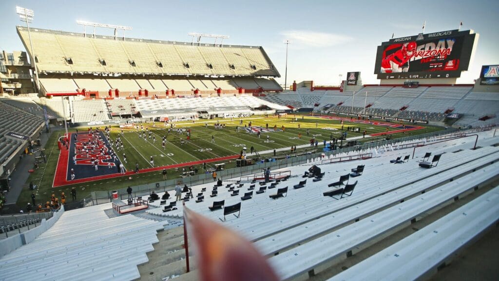 Empty stands just prior to kickoff of the Territorial Cup game between Arizona and Arizona State at Arizona Stadium in Tucson, Arizona on Dec. 11, 2020.