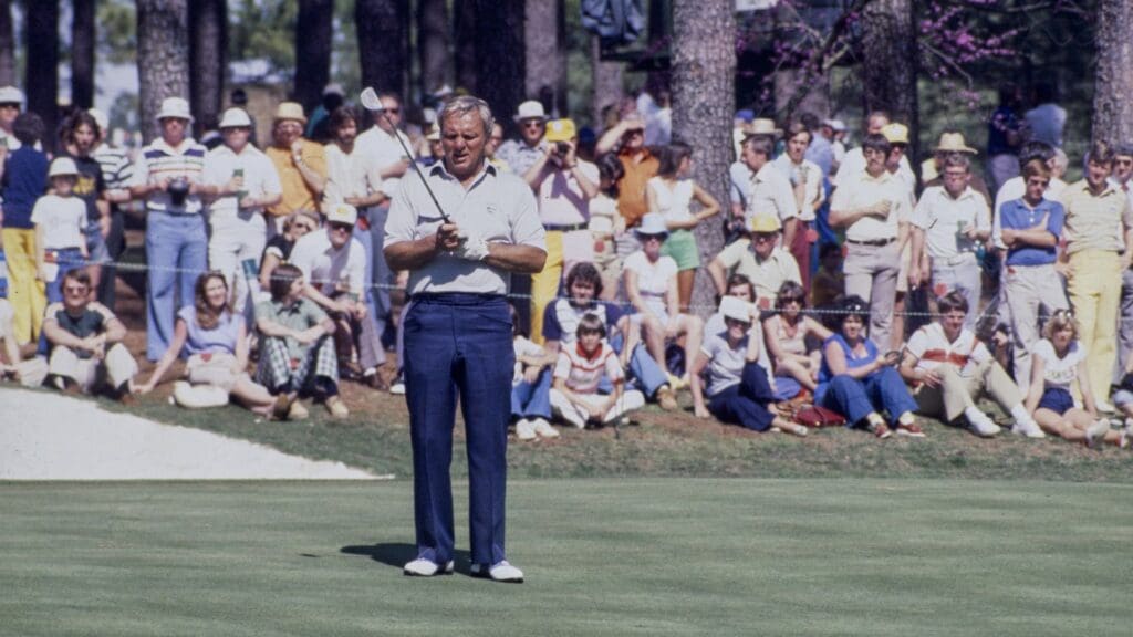04/05/1977; Augusta, Georgia, USA; Arnold Palmer at the Augusta National Golf Course during the 1977 Masters.