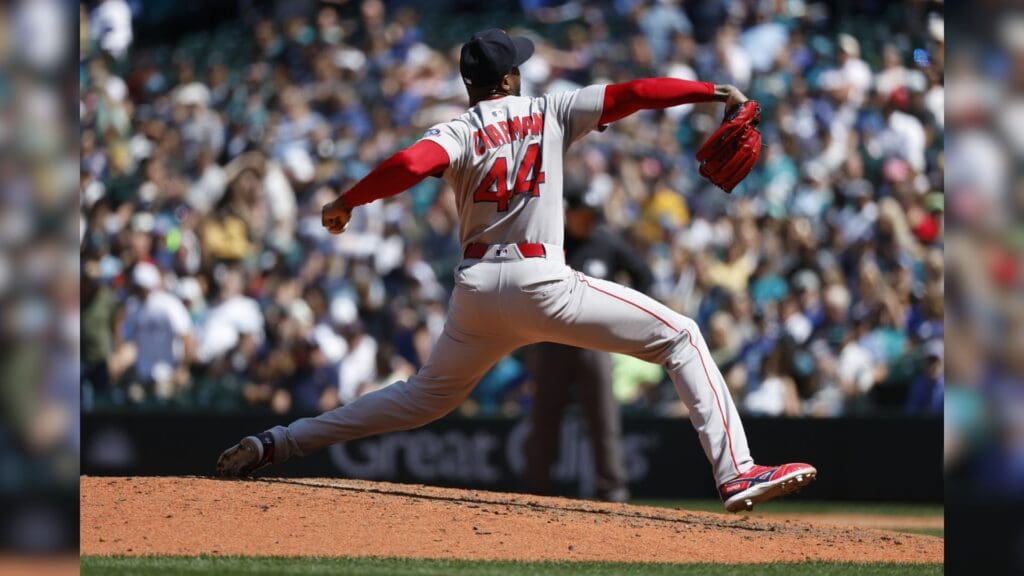 Jun 18, 2025; Seattle, Washington, USA; Boston Red Sox pitcher Aroldis Chapman (44) throws against the Seattle Mariners during the eighth inning at T-Mobile Park.