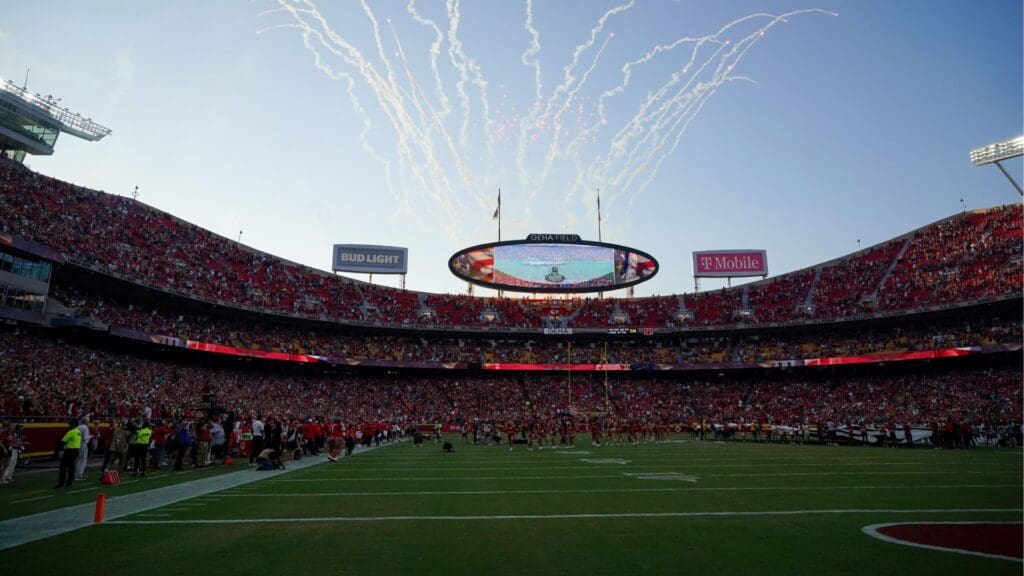 Aug 22, 2024; Kansas City, Missouri, USA; A general view of the field as fireworks erupt prior to a game between the Kansas City Chiefs and Chicago Bears at GEHA Field at Arrowhead Stadium.