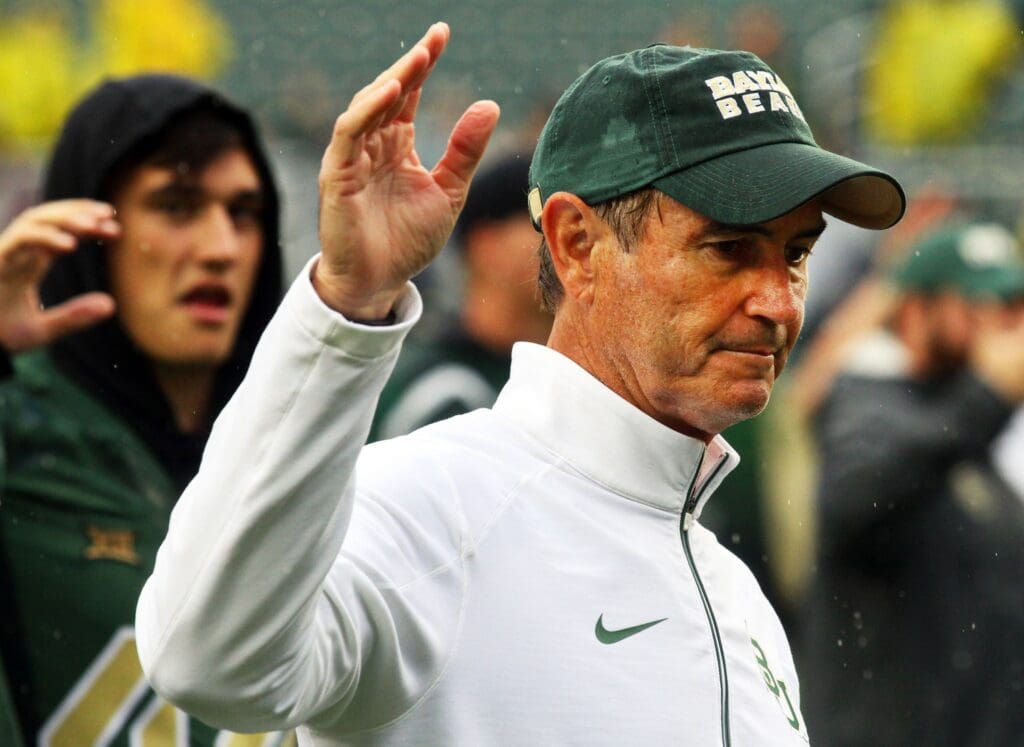 Oct 24, 2015; Waco, TX, USA; Baylor Bears head coach Art Briles during the fight song following a game against the Iowa State Cyclones at McLane Stadium. Baylor won 45-27.