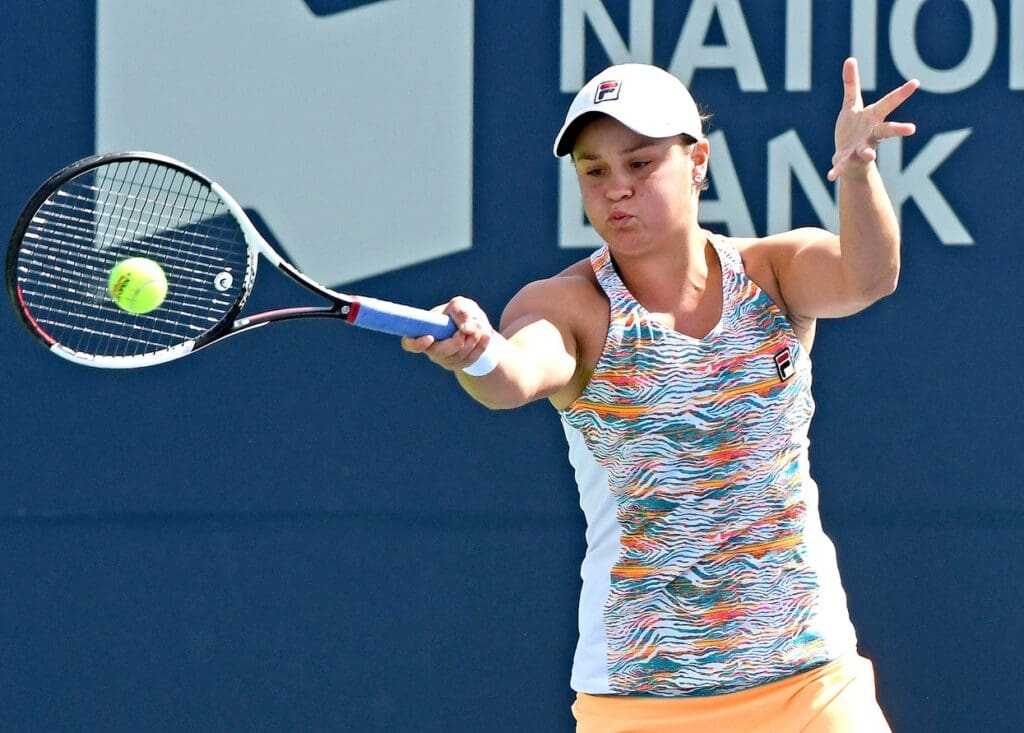 Aug 5, 2017; Toronto, Ontario, Canada; Ashleigh Barty (AUS) hits a shot against Katherine Sebov (not pictured) in first round qualifying play for the Rogers Cup at Aviva Centre.
