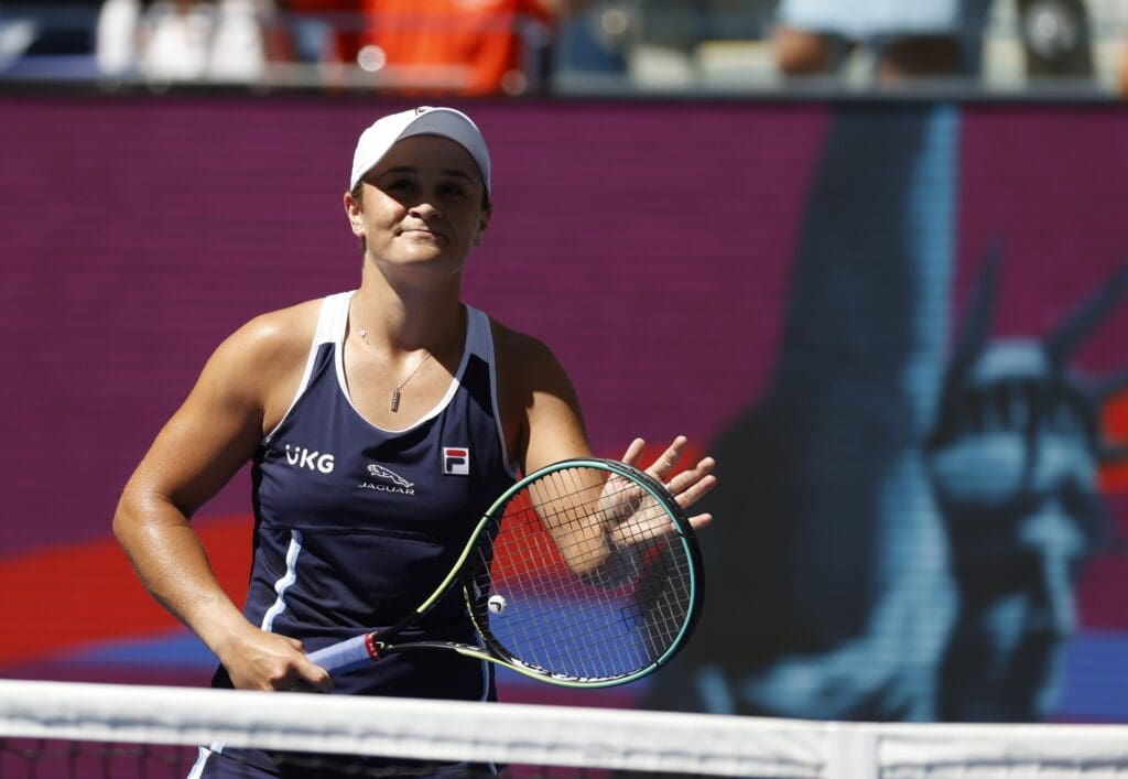 Sep 2, 2021; Flushing, NY, USA; Ashleigh Barty of Australia celebrates after recording match point against Clara Tauson of Denmark in a second round match on day four of the 2021 U.S. Open tennis tournament at USTA Billie Jean King National Tennis Center.