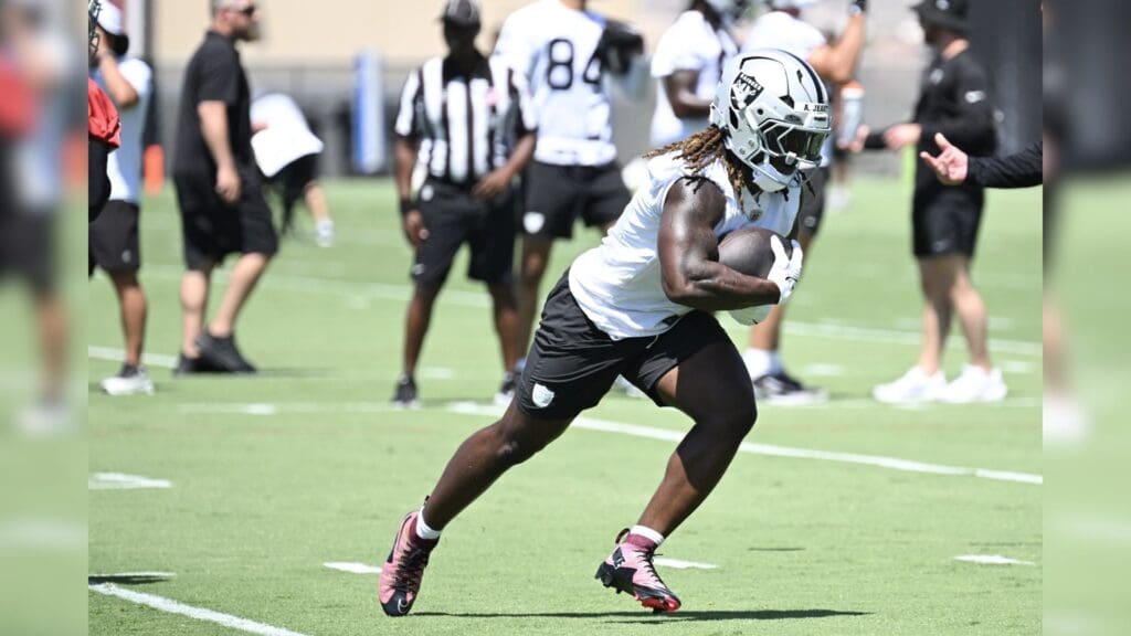 Jun 10, 2025; Henderson, NV, USA; Las Vegas Raiders running back Ashton Jeanty (2) runs the ball during Las Vegas Raiders Minicamp at Intermountain Health Performance Center.