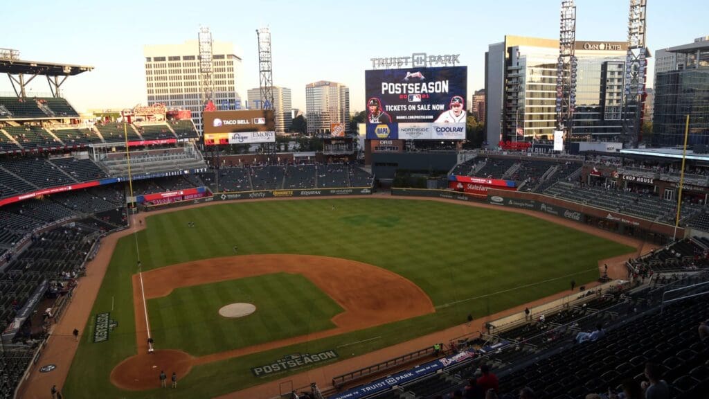 Oct 16, 2021; Cumberland, Georgia, USA; General view of the stadium before game one of the 2021 NLCS with the Los Angeles Dodgers taking on the Atlanta Braves at Truist Park.