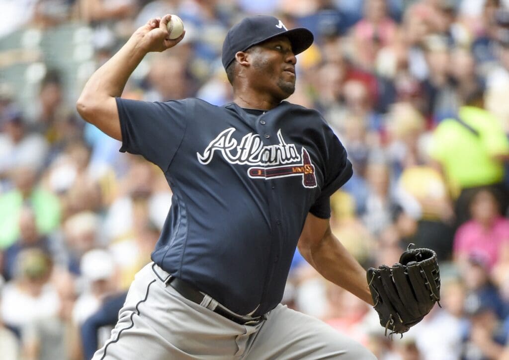 Aug 11, 2016; Milwaukee, WI, USA; Atlanta Braves pitcher Roberto Hernandez throws a pitch in the first inning against the Milwaukee Brewers at Miller Park.