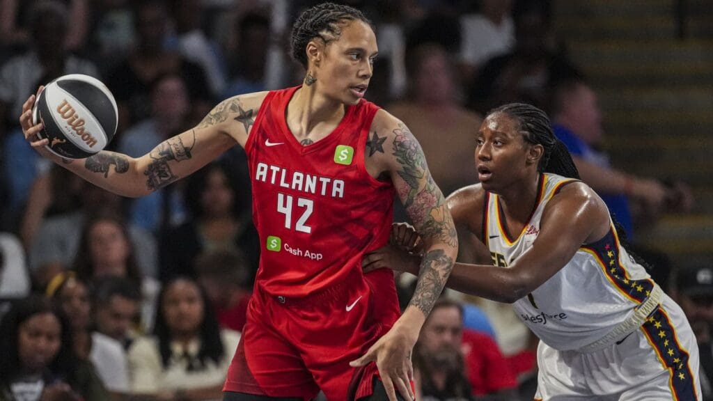 Jun 10, 2025; College Park, Georgia, USA; Atlanta Dream center Brittney Griner (42) is guarded by Indiana Fever forward Aliyah Boston (7) at Gateway Center Arena at College Park.