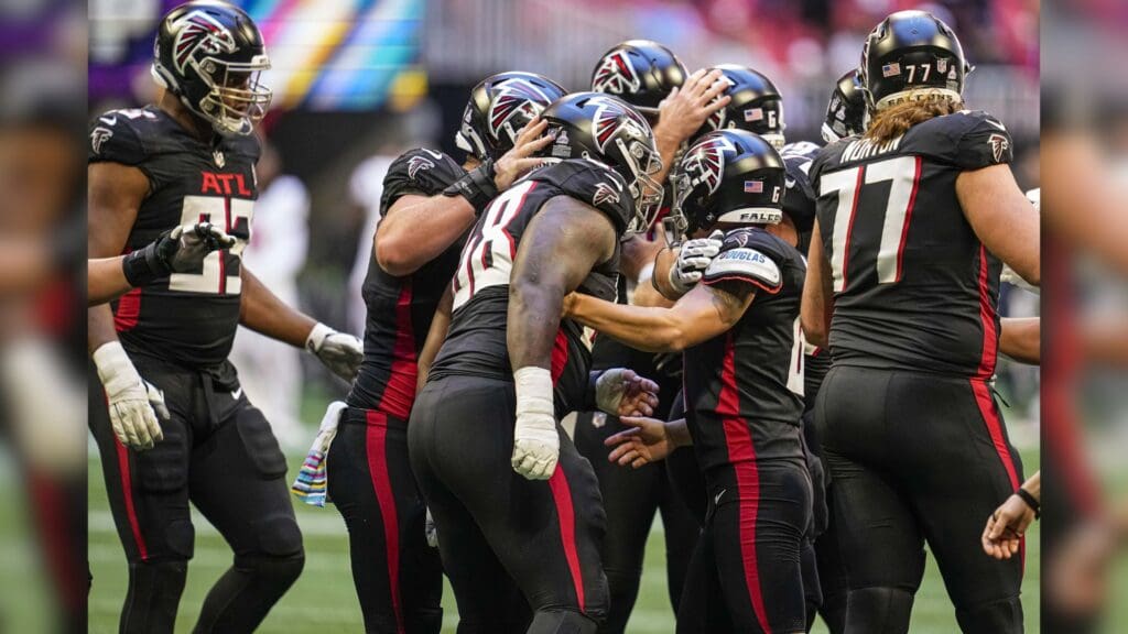 Oct 8, 2023; Atlanta, Georgia, USA; Atlanta Falcons place kicker Younghoe Koo (6) reacts with teammates after kicking the game winning field goal against the Houston Texans on the last play of the second half at Mercedes-Benz Stadium.