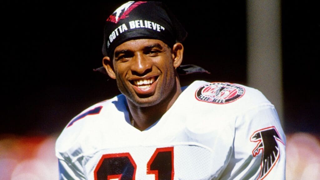 Oct 21, 1990; Anaheim, CA, USA; FILE PHOTO; Atlanta Falcons defensive back Deion Sanders (21) walks onto the field prior to a game against the Los Angeles Rams at Anaheim Stadium.