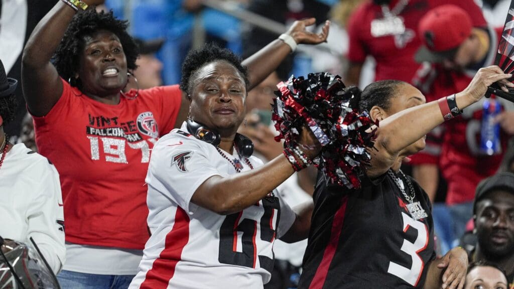 Oct 13, 2024; Charlotte, North Carolina, USA; Atlanta Falcons fans during the second half against the Carolina Panthers at Bank of America Stadium
