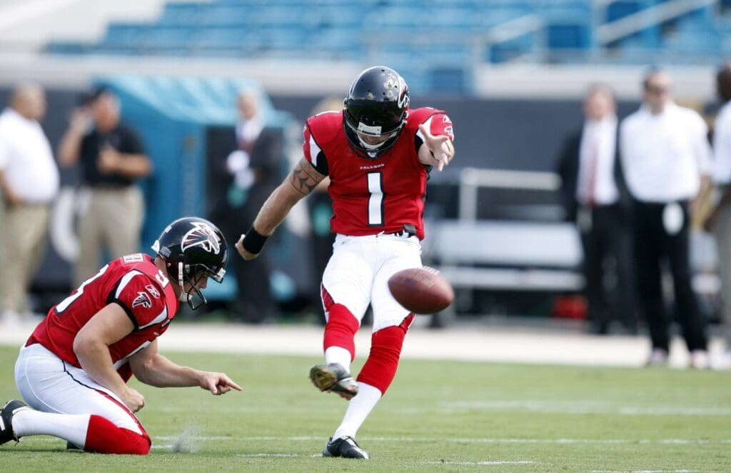 September 16, 2007; Jacksonville, FL, USA; Atlanta Falcons kicker (1) Matt Prater takes practice kicks from the hold of punter (9) Michael Koenen on the field prior to the game against the Jacksonville Jaguars at Jacksonville Municipal Stadium.
