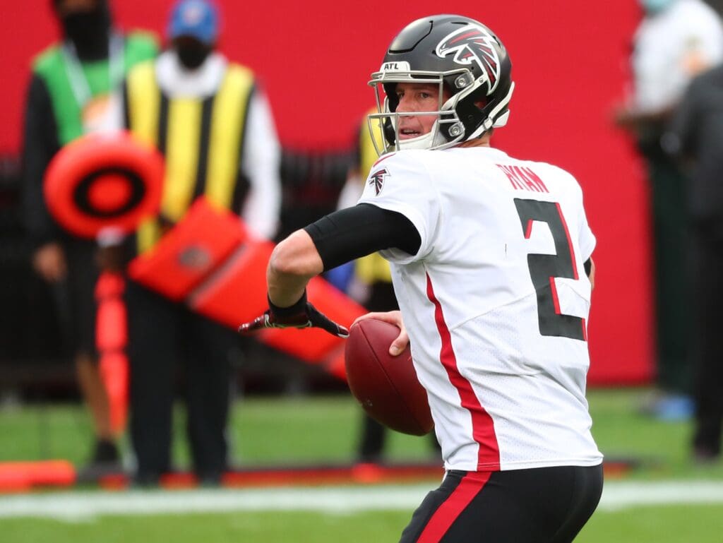 Jan 3, 2021; Tampa, Florida, USA; Atlanta Falcons quarterback Matt Ryan (2) throws the ball against the Tampa Bay Buccaneers during the first quarter at Raymond James Stadium