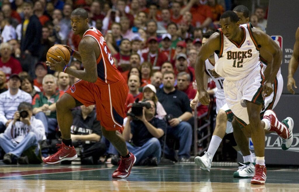 Apr 24, 2010; Milwaukee, WI, USA; Atlanta Hawks forward Marvin Williams (24) heads up court with the ball during game three of the first round of the 2010 NBA playoffs against the Milwaukee Bucks at the Bradley Center. The Bucks defeated the Hawks 107-89.
