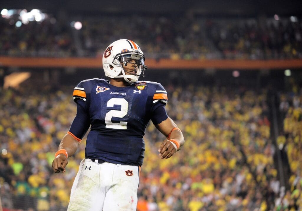 Jan 10, 2011; Glendale, AZ, USA; Auburn Tigers quarterback (2) Cam Newton against the Oregon Ducks in the 2011 BCS National Championship game at University of Phoenix Stadium. Auburn defeated Oregon 22-19