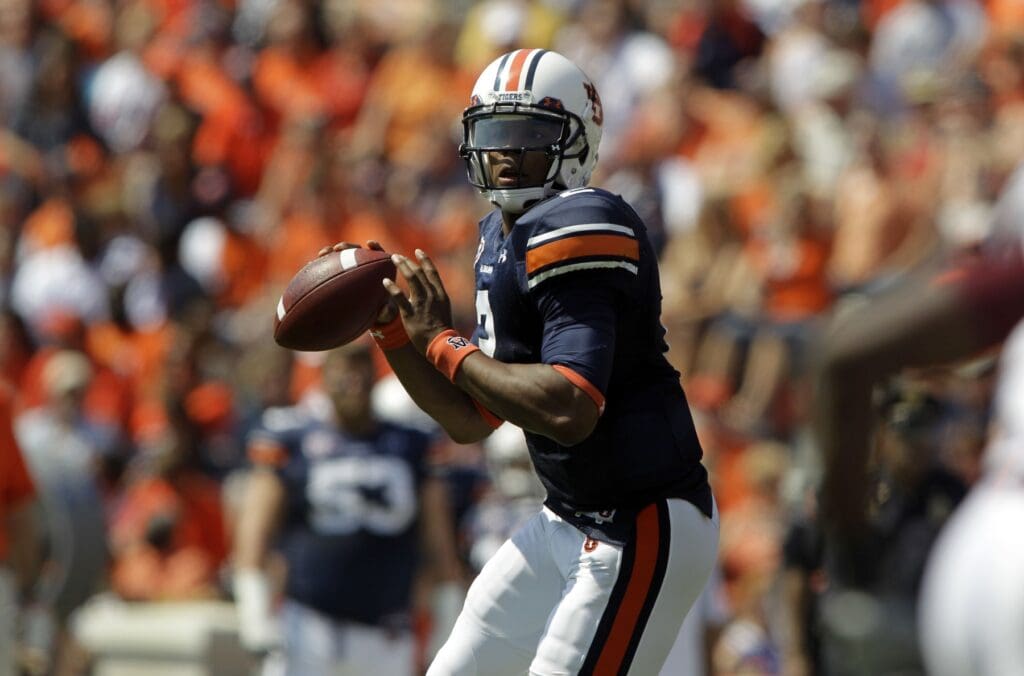 Oct 2, 2010; Auburn, AL, USA; Auburn Tigers quarterback Cam Newton (2) drops back to pass against the Louisiana-Monroe Warhawks during the first half at Jordan Hare Stadium in Auburn.