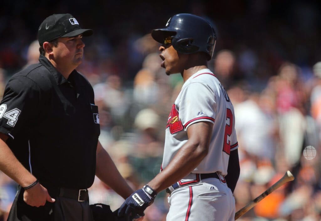 May 14, 2014; San Francisco, CA, USA; Atlanta Braves center fielder B.J. Upton (2) argues the call by home plate umpire Lance Barrett (94) during the sixth inning against the San Francisco Giants at AT&T Park.