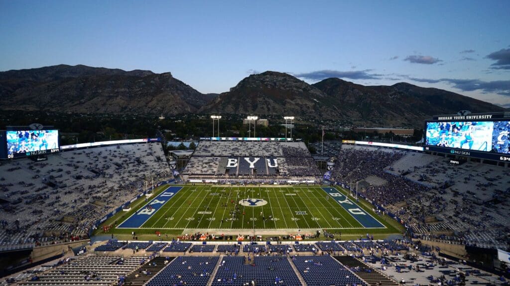 The Cincinnati Bearcats and the Brigham Young Cougars warm up prior to a college football game between the Brigham Young Cougars and the Cincinnati Bearcats, Friday, Sept. 29, 2023, at LaVell Edwards Stadium in Provo, Utah.