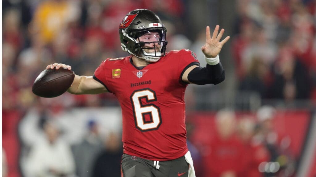 Jan 12, 2025; Tampa, Florida, USA; Tampa Bay Buccaneers quarterback Baker Mayfield (6) throws during the first quarter of a NFC wild card playoff against the Washington Commanders at Raymond James Stadium.