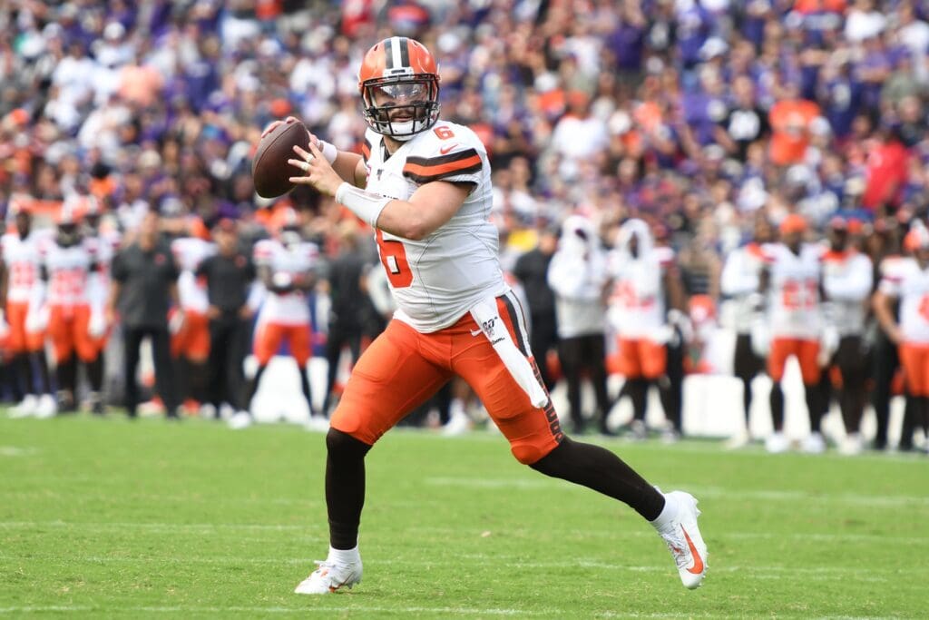 Sep 29, 2019; Baltimore, MD, USA; Cleveland Browns quarterback Baker Mayfield (6) throws a pass in the third quarter in a football game against the CBaltimore Ravens at M&T Bank Stadium