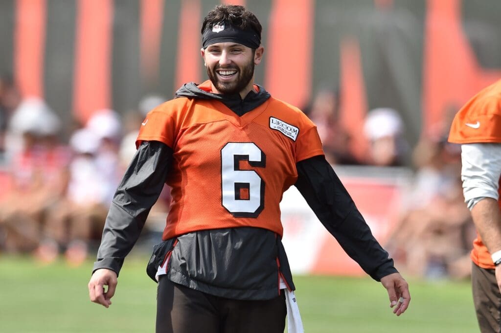 Jul 26, 2019; Berea, OH, USA; Cleveland Browns quarterback Baker Mayfield (6) smiles during training camp at the Cleveland Browns Training Complex.
