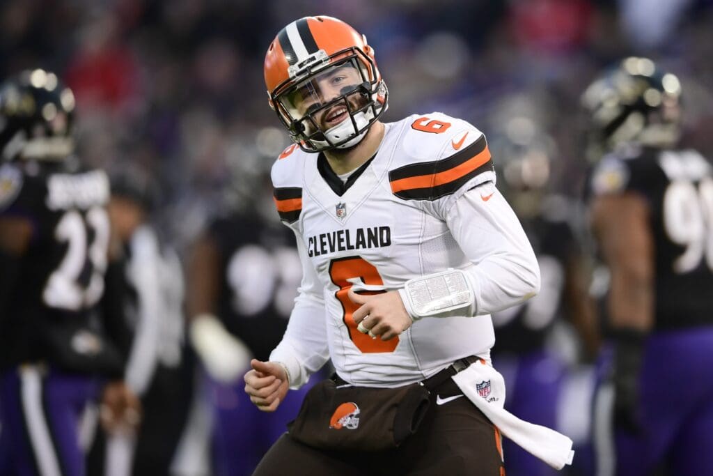 Dec 30, 2018; Baltimore, MD, USA; Cleveland Browns quarterback Baker Mayfield (6) reacts after throwing a touchdown to wide receiver Breshad Perriman (not pictured) during the first quarter against the Baltimore Ravens at M&T Bank Stadium.