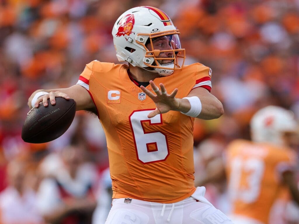 Oct 15, 2023; Tampa, Florida, USA; Tampa Bay Buccaneers quarterback Baker Mayfield (6) drops back to pass against the Detroit Lions in the first quarter at Raymond James Stadium.