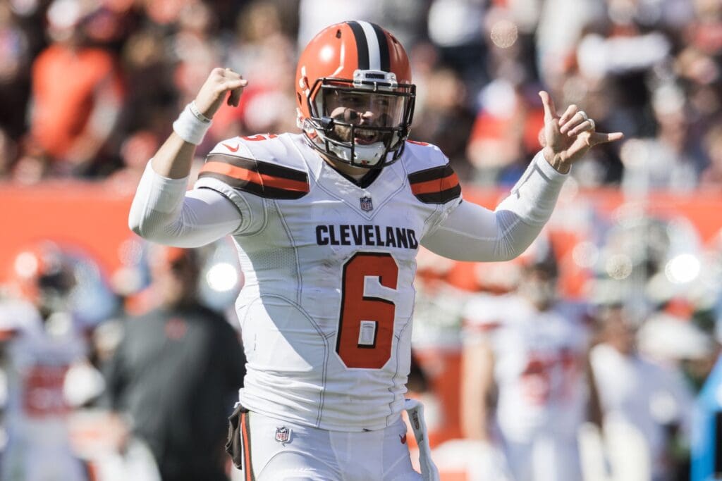 Oct 14, 2018; Cleveland, OH, USA; Cleveland Browns quarterback Baker Mayfield (6) calls an audible during the first half against the Los Angeles Chargers at FirstEnergy Stadium.