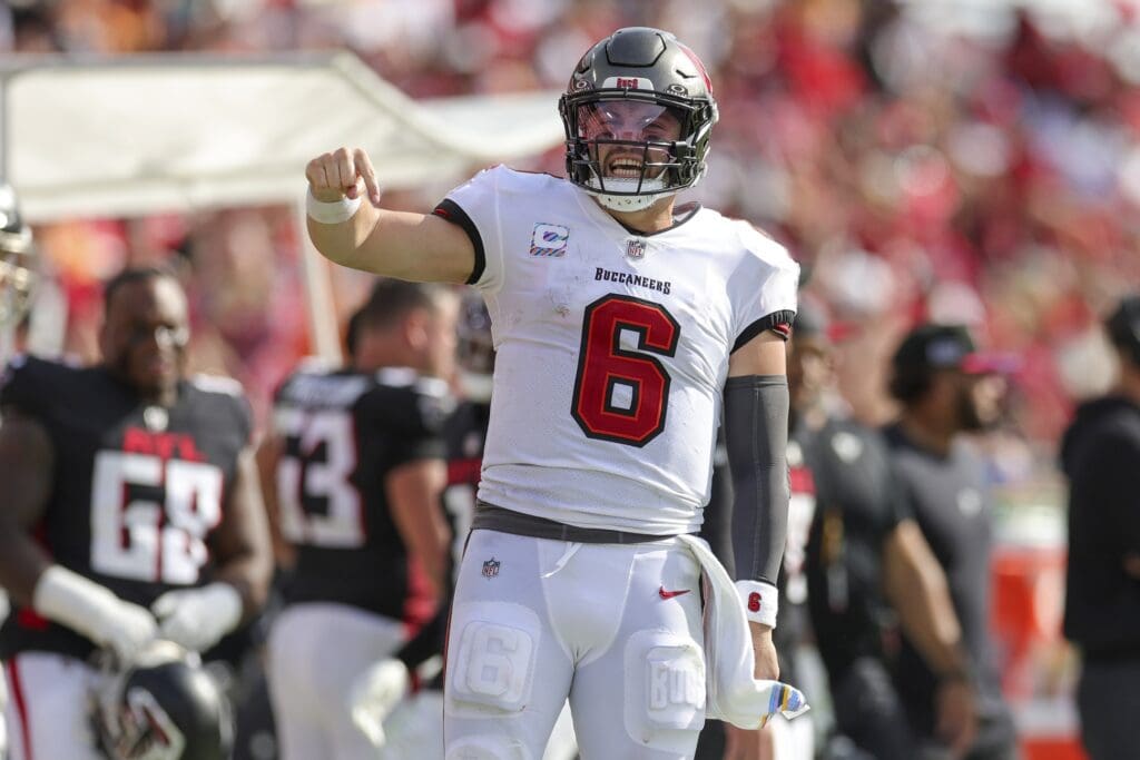 Oct 22, 2023; Tampa, Florida, USA; Tampa Bay Buccaneers quarterback Baker Mayfield (6) reacts after a run against the Atlanta Falcon in the fourth quarter at Raymond James Stadium.
