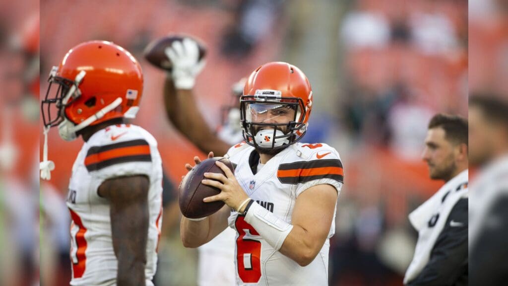 Aug 23, 2018; Cleveland, OH, USA; Cleveland Browns quarterback Baker Mayfield (6) looks for a receiver during warmup before the game against the Philadelphia Eagles at FirstEnergy Stadium.