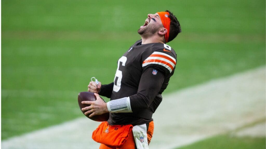 Jan 3, 2021; Cleveland, Ohio, USA; Cleveland Browns quarterback Baker Mayfield (6) celebrates after defeating the Pittsburgh Steelers 24-22 at FirstEnergy Stadium.