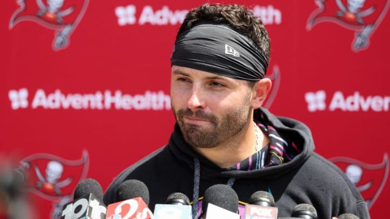 Jun 10, 2025; Tampa Bay, FL, USA; Tampa Bay Buccaneers quarterback Baker Mayfield (6) gives a press conference after mini camp at AdventHealth Training Center.