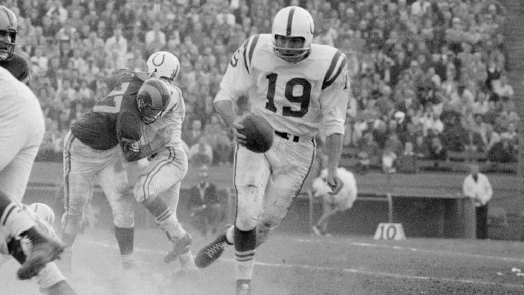 Dec 11,1960; Los Angeles, CA, USA; FILE PHOTO; Baltimore Colts quarterback (19) JOHNNY UNITAS in action against the Los Angeles Rams at Memorial Coliseum. The Rams defeated the Colts 10-3.