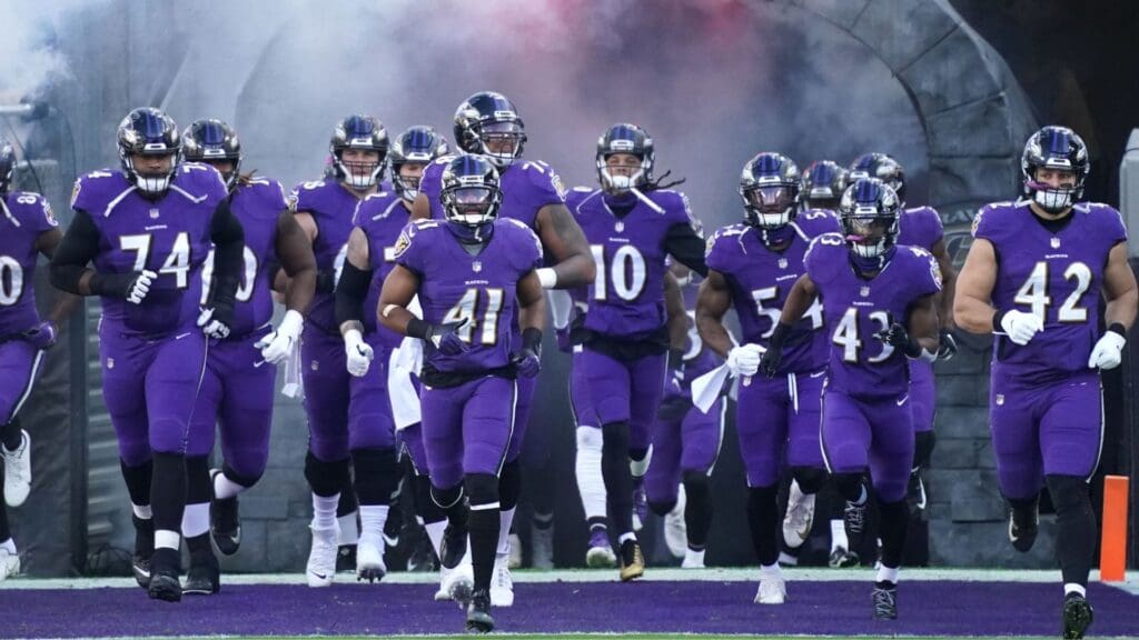 Dec 27, 2020; Baltimore, Maryland, USA; Baltimore Ravens players enter the field prior to the game against the New York Giants at M&T Bank Stadium.