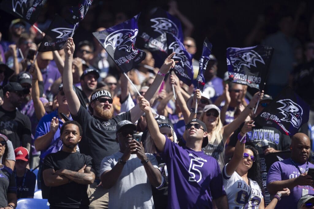 Sep 15, 2019; Baltimore, MD, USA; Baltimore Ravens fans cheer during the first quarter against the Arizona Cardinals at M&T Bank Stadium.