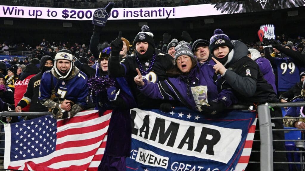 Jan 11, 2025; Baltimore, Maryland, USA; Baltimore Ravens fans cheer in the third quarter against the Pittsburgh Steelers in an AFC wild card game at M&T Bank Stadium