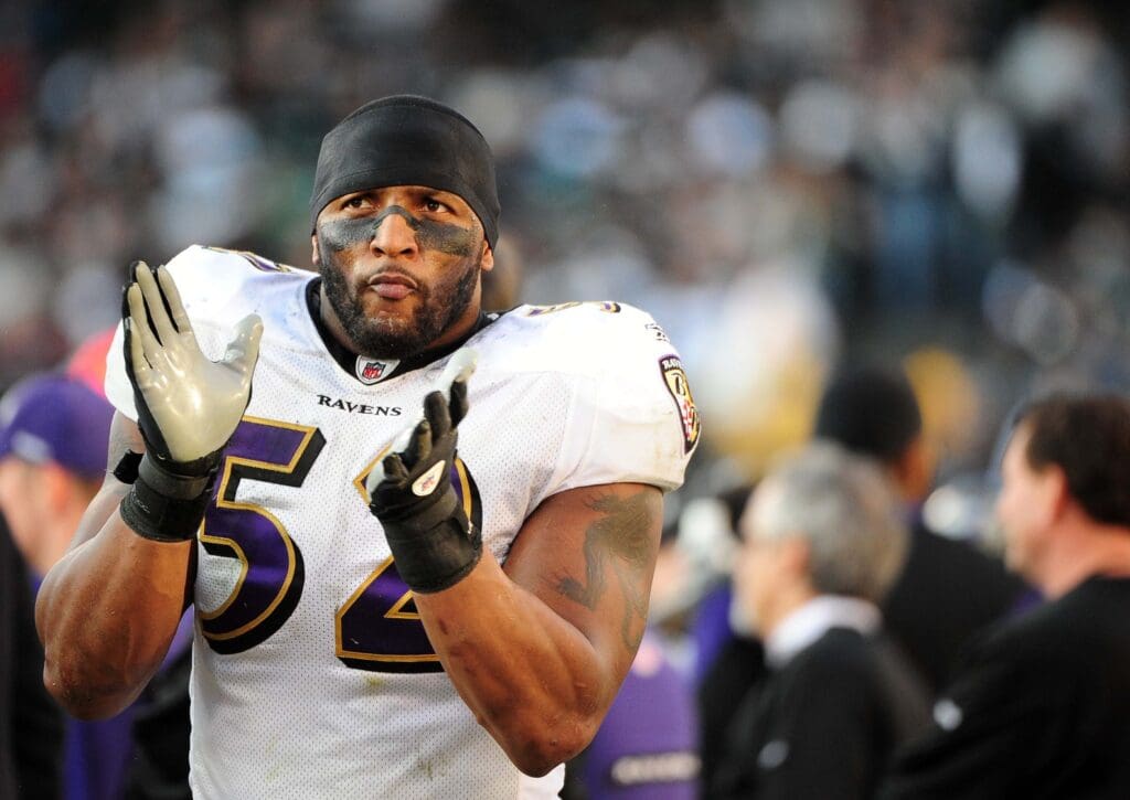 January 3, 2010; Oakland, CA, USA; Baltimore Ravens inside linebacker Ray Lewis (52) walks the sidelines during the fourth quarter against the Oakland Raiders at Oakland-Alameda County Coliseum. The Ravens defeated the Raiders 21-13.