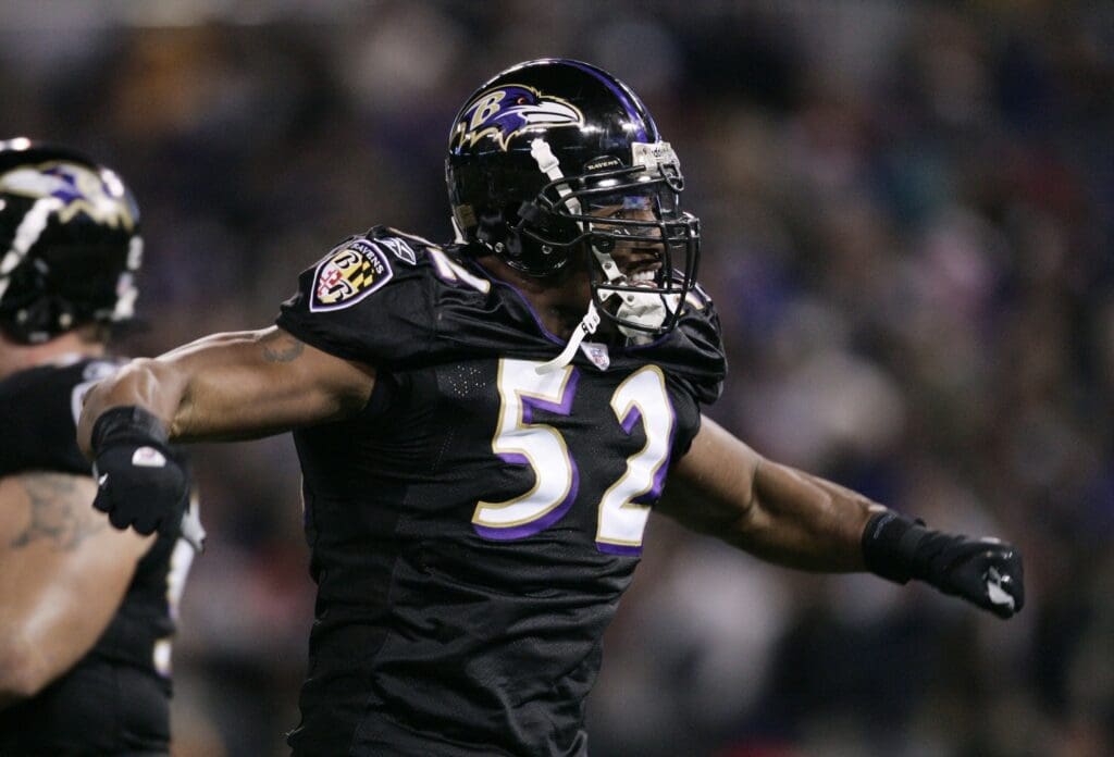 Dec 3, 2007; Baltimore, MD, USA; Baltimore Ravens linebacker Ray Lewis (52) reacts after a play in the first quarter against the New England Patriots at M&T Bank Stadium.