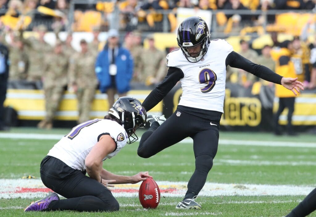 Nov 17, 2024; Pittsburgh, Pennsylvania, USA; Baltimore Ravens place kicker Justin Tucker (9) kicks a field goal against the Pittsburgh Steelers during the third quarter at Acrisure Stadium.