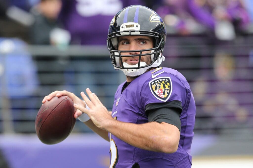 Dec 14, 2014; Baltimore, MD, USA; Baltimore Ravens quarterback Joe Flacco (5) prior to the game against the Jacksonville Jaguars at M&T Bank Stadium.