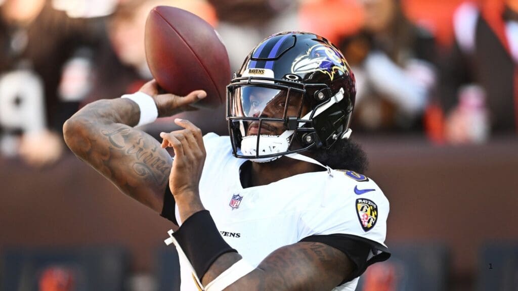Oct 27, 2024; Cleveland, Ohio, USA; Baltimore Ravens quarterback Lamar Jackson (8) warms up before the game between the Cleveland Browns and the Ravens at Huntington Bank Field.