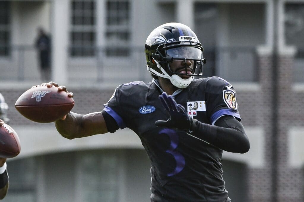 Baltimore Ravens quarterback Robert Griffin III (3) looks to throw during morning workouts at Under Armour Performance Center.