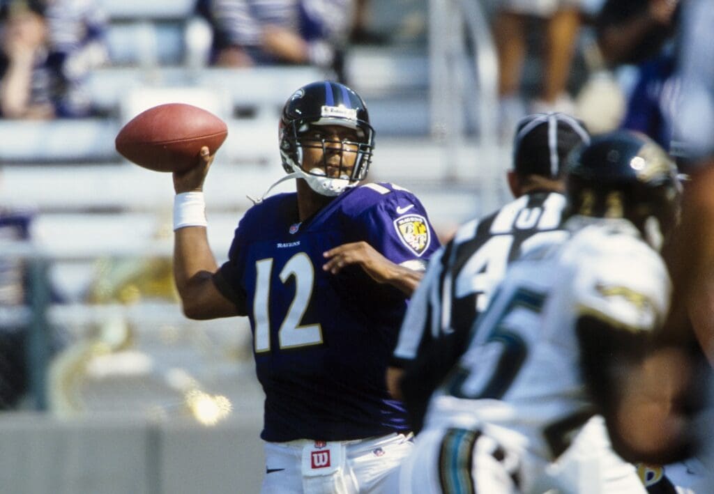 Sep 10, 2000; Baltimore, MD, USA; FILE PHOTO; Baltimore Ravens quarterback Tony Banks (12) prepares to throw the ball against the Jacksonville Jaguars at PSINet Stadium during the 2000 season