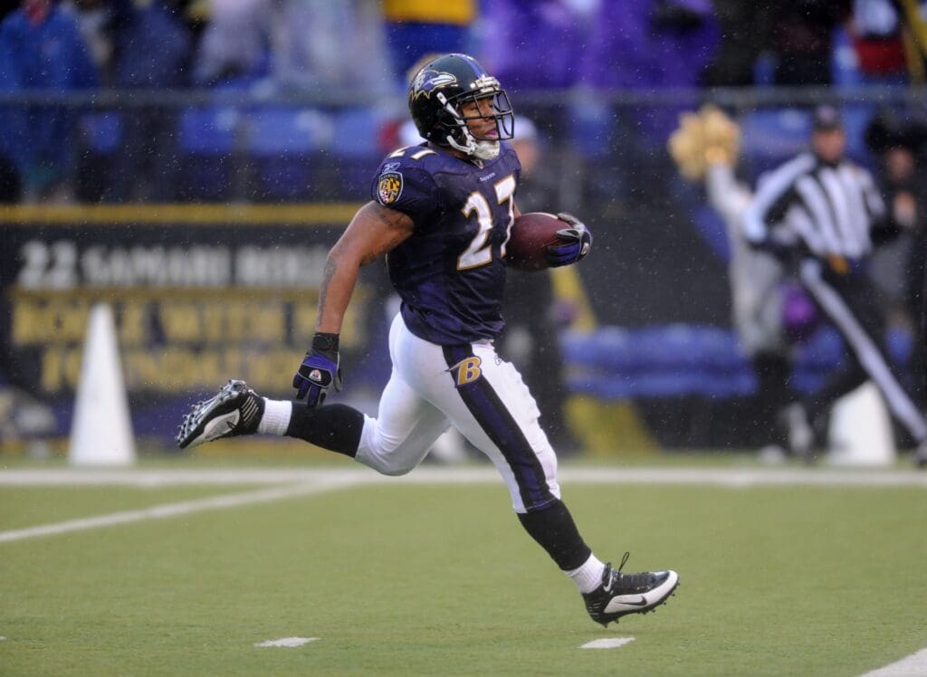 December 13, 2009; Baltimore, MD, USA; Baltimore Ravens running back Ray Rice (27) carries the ball after a catch for a touchdown in the second quarter against the Detroit Lions at M&T Bank Stadium.