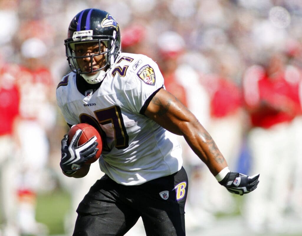 September 13, 2009; Baltimore, MD, USA; Baltimore Ravens running back Ray Rice (27) runs against the Kansas City Chiefs in the fourth quarter at M & T Bank Stadium. The Ravens won 38-24.